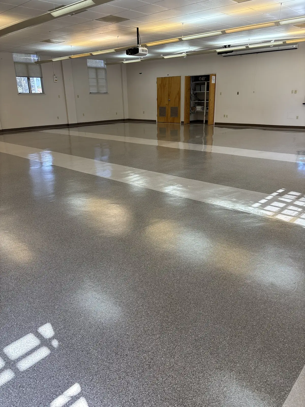 Meeting room floor after stripping and waxing